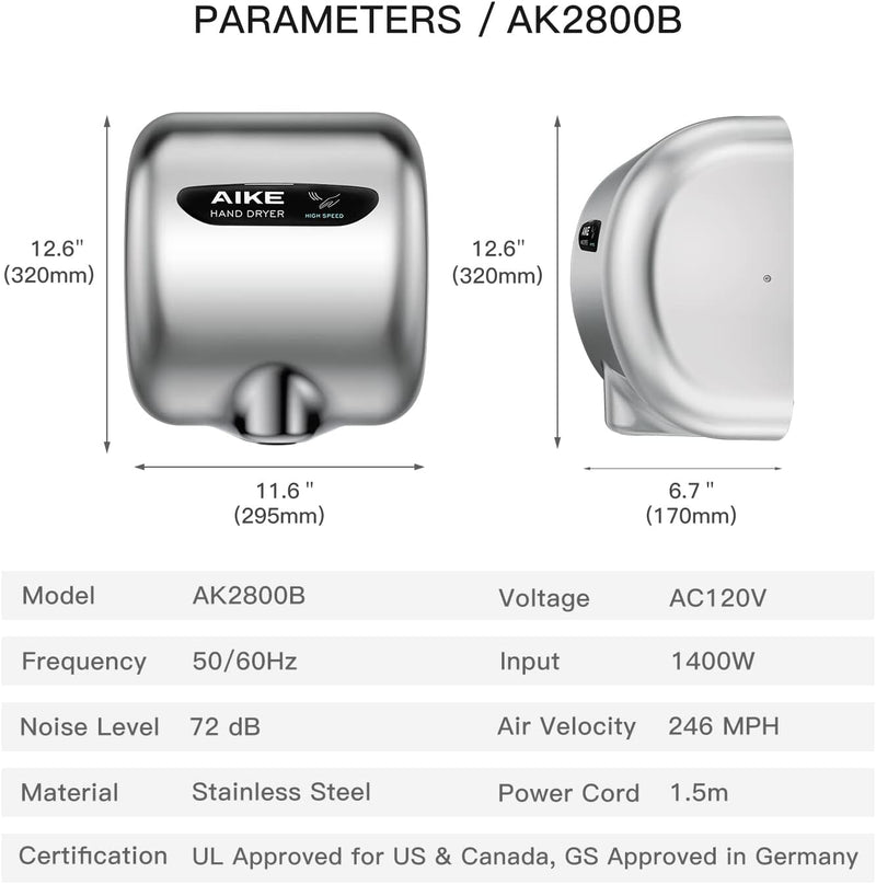 AIKE Surface Mounted High Speed Commercial Hand Dryer CUL Approved 120V 1500W, Brushed Stainless Steel Finish Model AK2800B