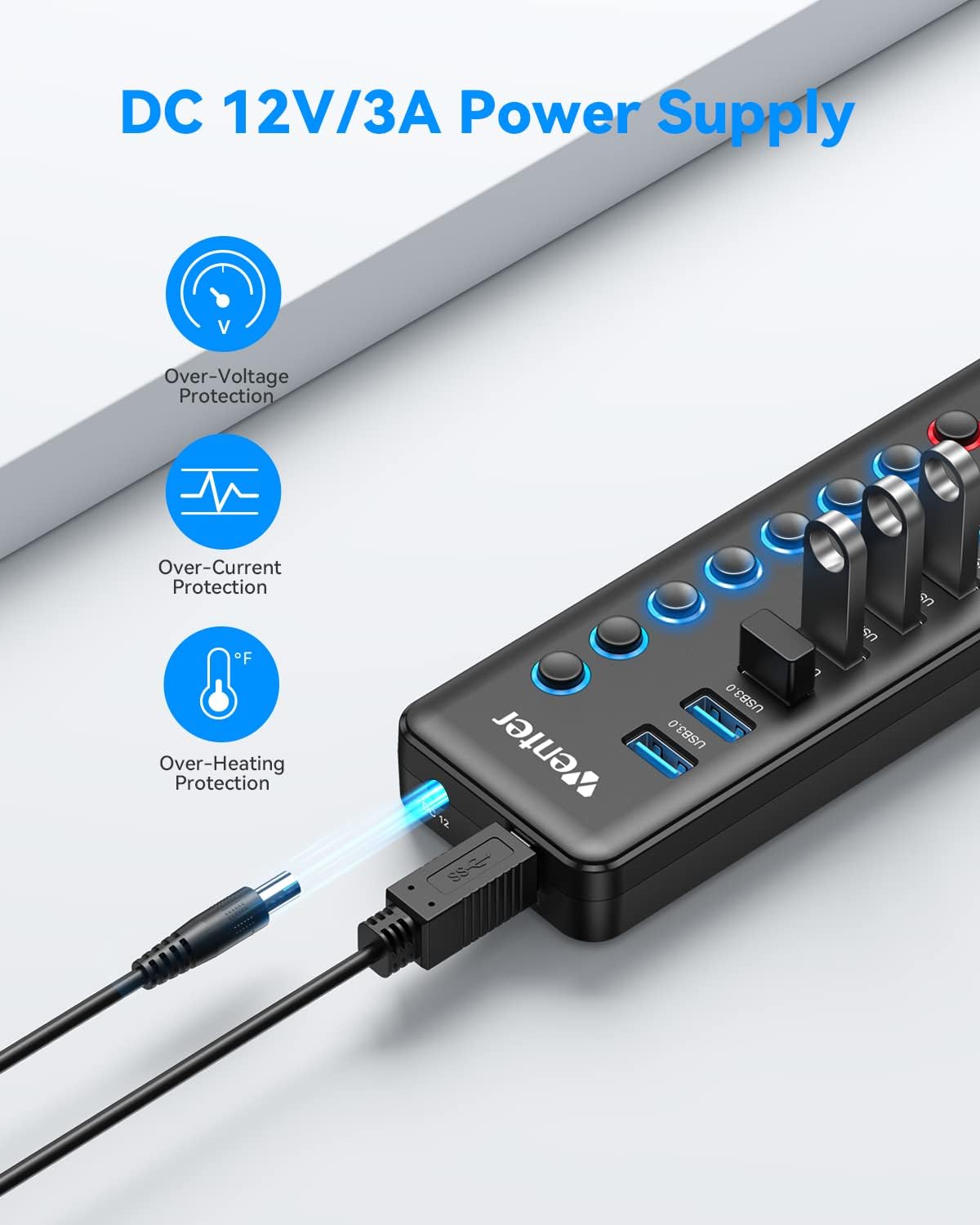 Powered USB 3.0 Hub, WENTER 11-Port USB Data Hub Splitter with Individual On/Off Switches and 12V/3A Power Adapter for MacBook,Mac Pro/Mini and More(7 USB3.0 Ports + 4 Charging Ports)
