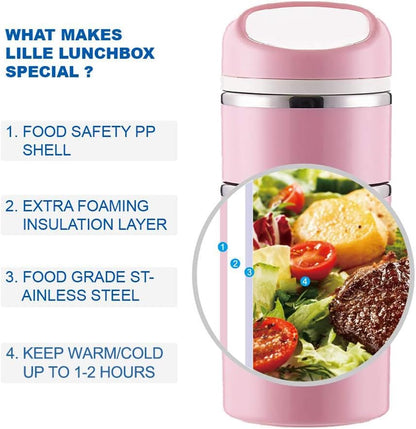 Lille Home Stackable Stainless Steel Thermal Compartment Lunch/Snack Box, 3-Tier Insulated Bento/Food Container with Lunch Bag, Cutlery Set and 3 Extra Seals, 43OZ (Gray)