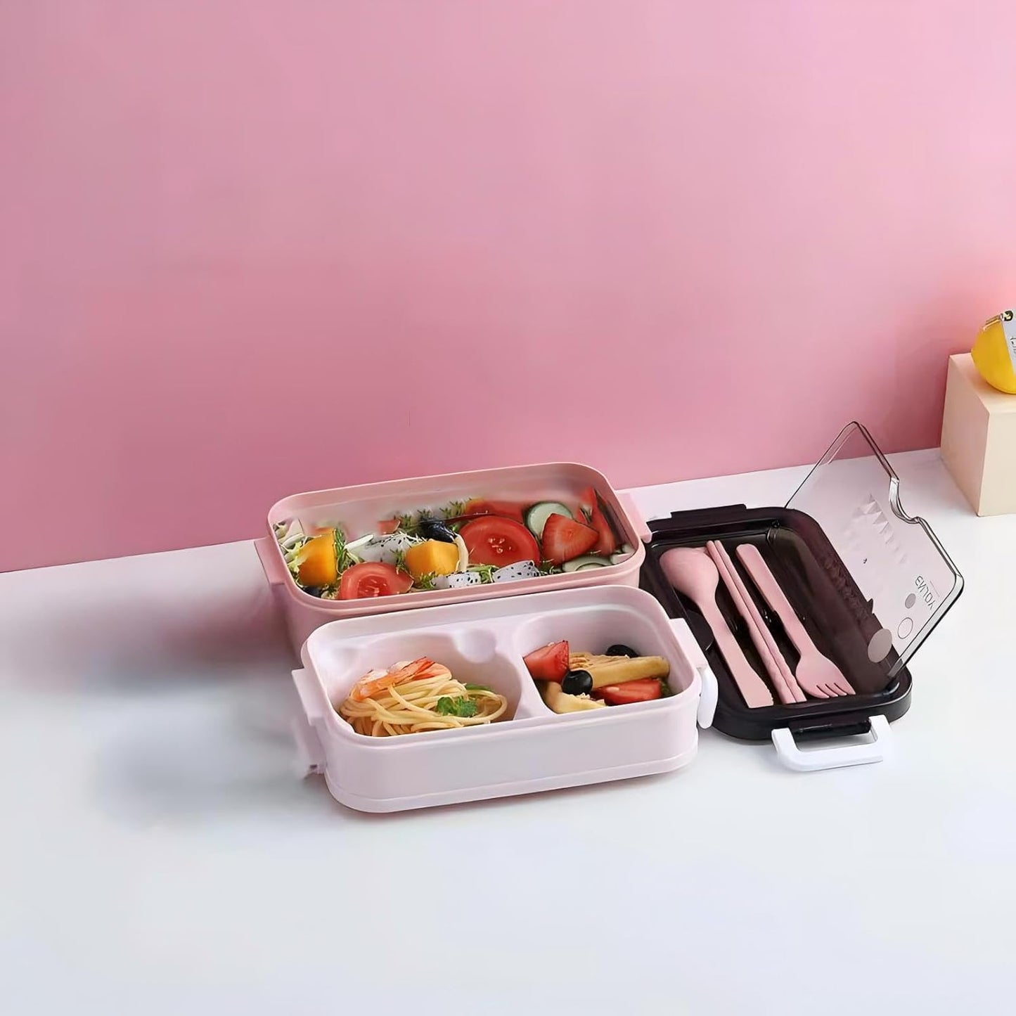 Bento Box, Lunch Box for Adult, Compact Bento Box Set- 2-Layer Stackable Lunch Box with Utensils, Leak-Proof and Durable Food Container for Work, Picnic, and Travel (Pink)