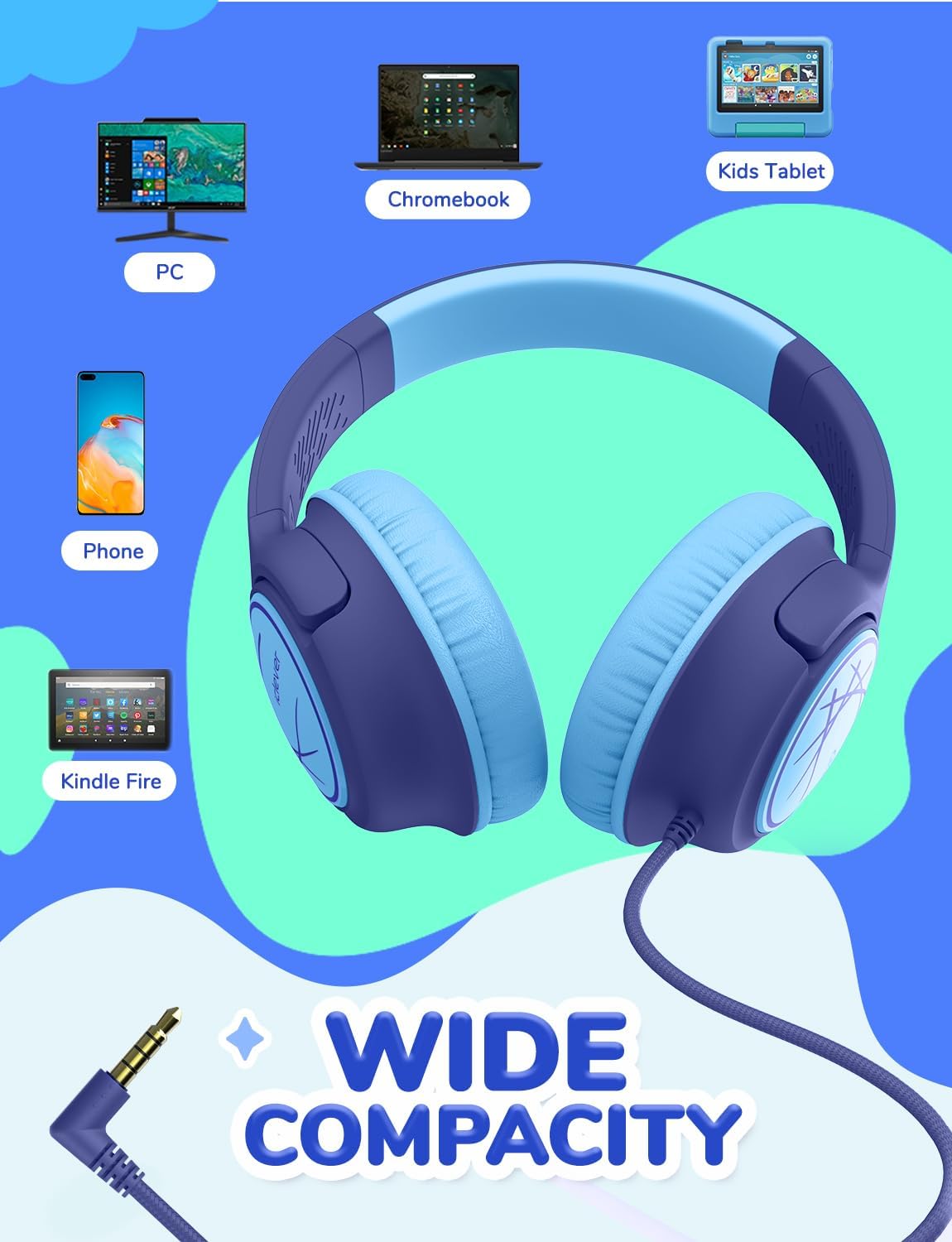 iClever Kids Headphones with Cord, 85dBA Safe Volume Wired Headphones for Kids, Stereo Sound Foldable Adjustable, 3.5mm Jack, Over Ear for School/Boys/Girls/iPad/Tablet/Travel, Blue