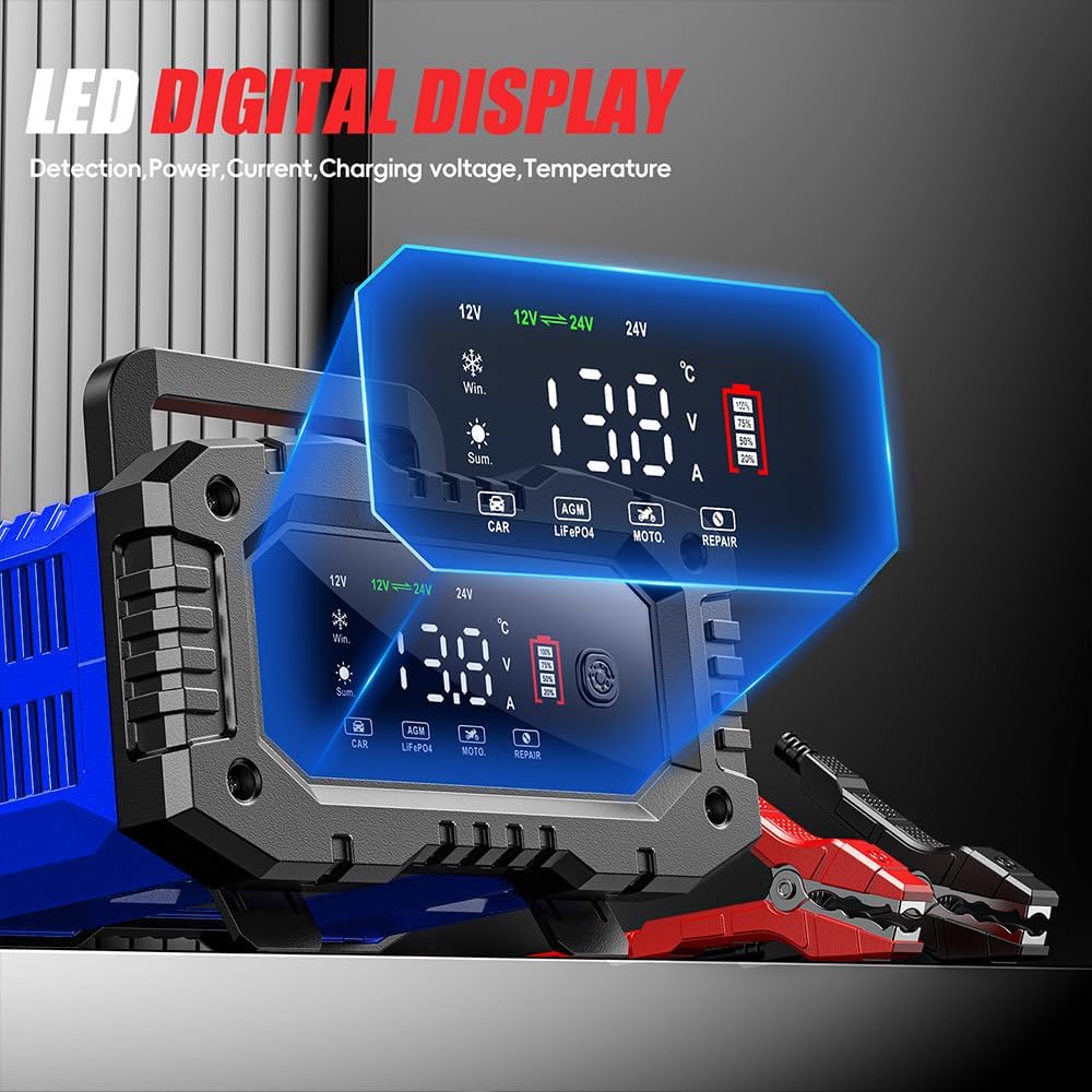 IRICO Multi-Stage Smart Battery Charger for Lithium-ion, LifePo4, AGM, Gel, SLA, Wet, EFB, Deep Cycle Batteries, with Repair Feature. Charge at 12V, 10A or 24V, 5A (12V 10A)