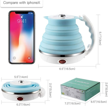 120V 555ML Ultrathin Travel Foldable Electric Kettle with Separable Power Cord and Handle, Boil Dry Protection, Food Grade Silicone