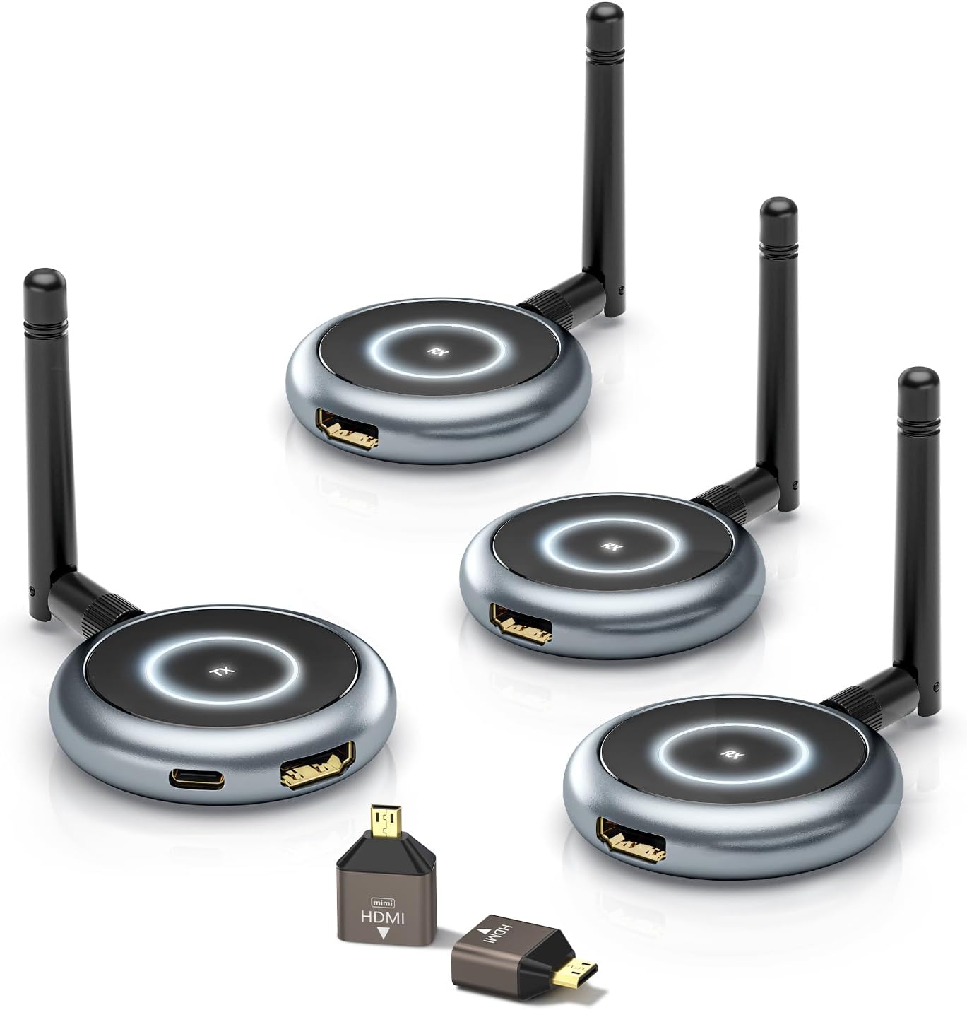 AIMIBO Wireless HDMI Transmitter and 4 Receivers, 5.8G @60Hz, Plug & Play HDMI Wireless Multiple TVs Extender for Streaming Video/Audio from Laptop, Camera, TV Box to TVs, Projectors, Monitors -165FT