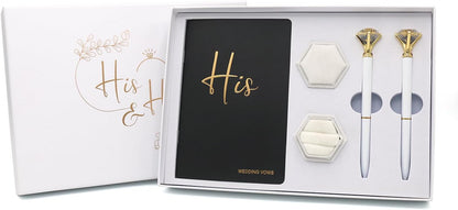 Vekola Vow Books for Wedding His and Hers Elegant Gold Foil Set of 2 Wedding Notebook with 28 Pages (Navy Blue+White)