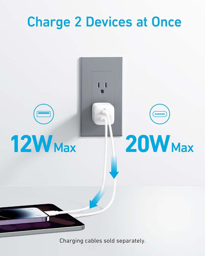 Anker USB C Charger, 323 Charger (33W), 2 Port Compact Charger with Foldable Plug for iPhone 14/14 Plus/14 Pro/14 Pro Max/13/12, Pixel, Galaxy, iPad/iPad Mini and More (Cable Not Included) - White