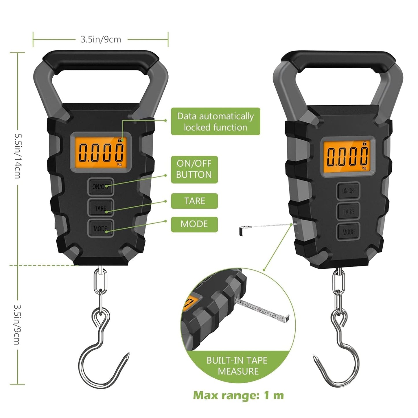 KeeKit Digital Fishing Scale with Ruler, 110lb/50kg Electronic Digital Luggage Scale, Waterproof Fishing Postal Hanging Hook Scale with Measuring Tape, Backlit LCD Display