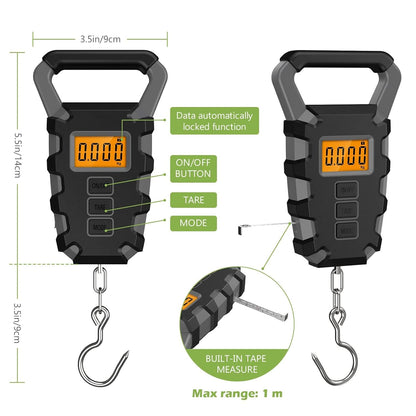 KeeKit Digital Fishing Scale with Ruler, 110lb/50kg Electronic Digital Luggage Scale, Waterproof Fishing Postal Hanging Hook Scale with Measuring Tape, Backlit LCD Display