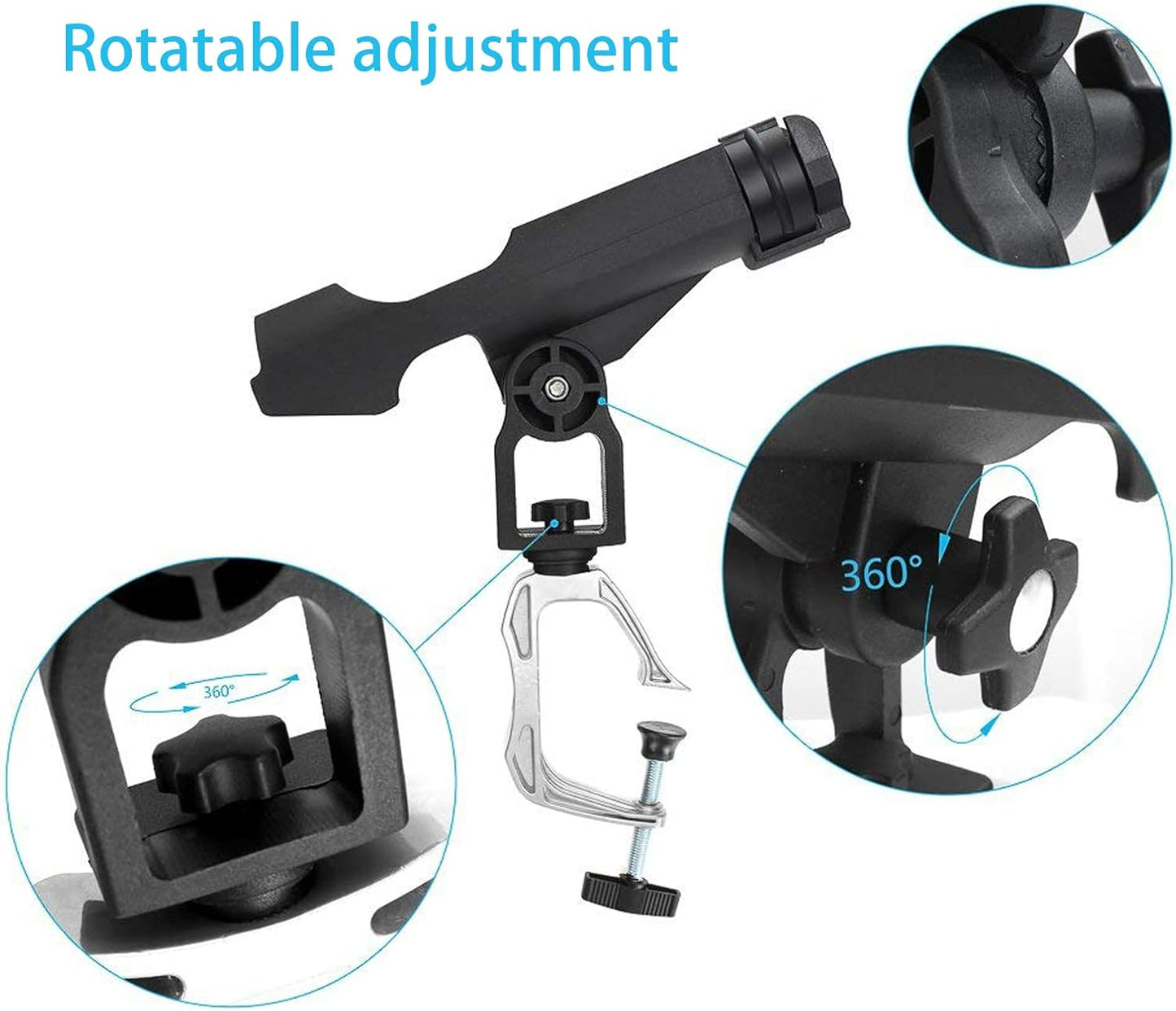 ROUDJER Fishing Rod Holders for Boats, 2 PCS 360 Degree Adjustable Rod Racks with Large Clamp Opening, Universal Fishing Accessories for Kayak Canoe, Easy Installation, Fishing Gifts for Men (Black)