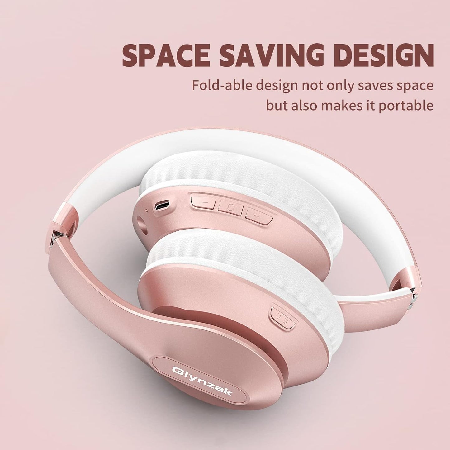 Glynzak Wireless Bluetooth Headphones Over Ear 65H Playtime HiFi Stereo Headset with Microphone and 6EQ Modes Foldable Bluetooth V5.3 Headphones for Desktop Computer Laptop Rose Gold