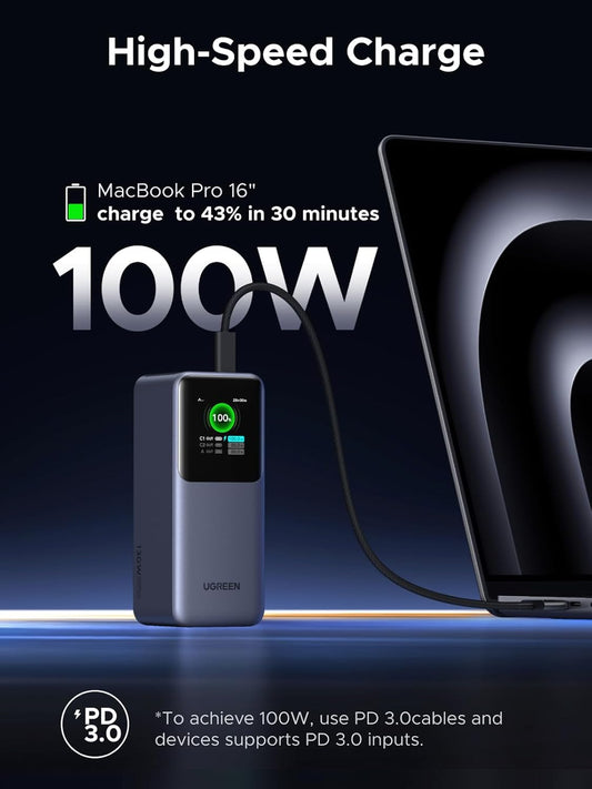 UGREEN 20000mAh Power Bank 130W 3-Port Fast Charger Portable with TFT Smart Display, Compatible with iPhone 16 Series, Galaxy S25 Ultra, MacBook, Dell Laptops, AirPods, iPhone 15-12 & More - PuriLite