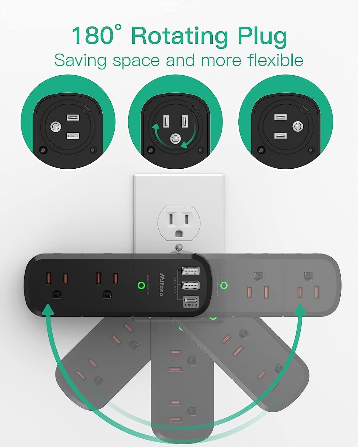 USB Outlet Extender Surge Protector with Rotating Plug, 6 AC Outlets and 3 USB Ports Including USB-C, 3-Sided Swivel Wall Power Splitter for Home, Office, and Travel, Black - PuriLite