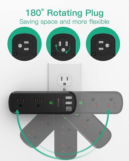 USB Outlet Extender Surge Protector with Rotating Plug, 6 AC Outlets and 3 USB Ports Including USB-C, 3-Sided Swivel Wall Power Splitter for Home, Office, and Travel, Black - PuriLite