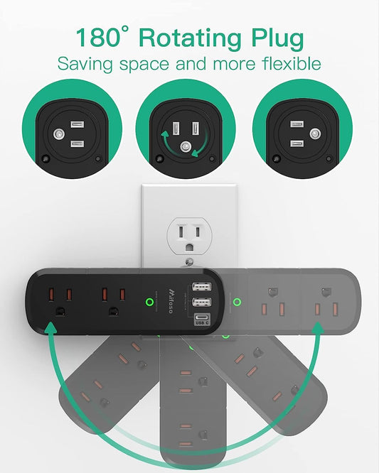 USB Outlet Extender Surge Protector with Rotating Plug, 6 AC Outlets and 3 USB Ports Including USB-C, 3-Sided Swivel Wall Power Splitter for Home, Office, and Travel, Black - PuriLite