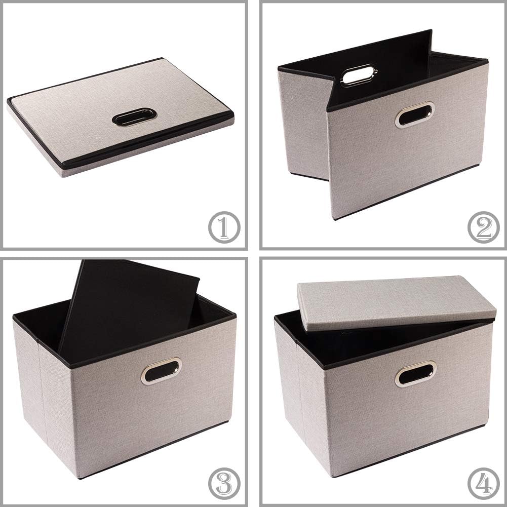 PRANDOM Large Foldable Storage Bin with Lid [1-Pack] Linen Fabric Decorative Storage Box Organizer Containers Basket Cube with Handles Divider for Bedroom Closet Office Living Room (17.7x11.8x11.8")