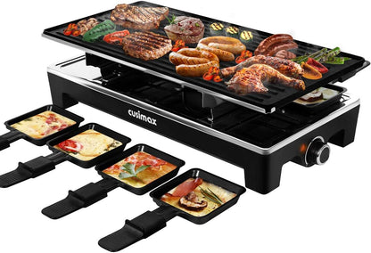 Raclette Table Grill, CUSIMAX Electric Indoor Grill, Portable Korean BBQ Grill with 2 in 1 Reversible Non-stick Plate& Natural Grill Stone, 1500W Electric Party Grill, 8 Raclette Pans& Wooden Spatulas