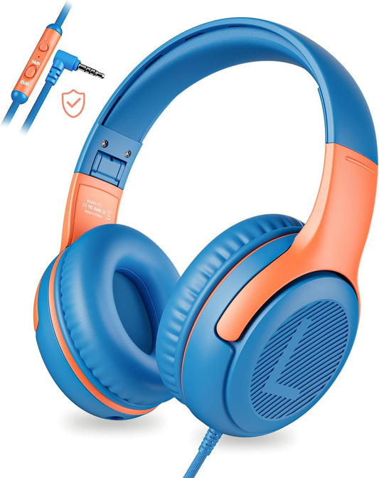 awatrue Kids Headphones with Microphone, Wired Headphones for Kids 85/94dB Safe Volume Limit, Over Ear Headsets, Boys Girls Childrens Headphones for School/Travel/Fire Tablet/BlueOrange