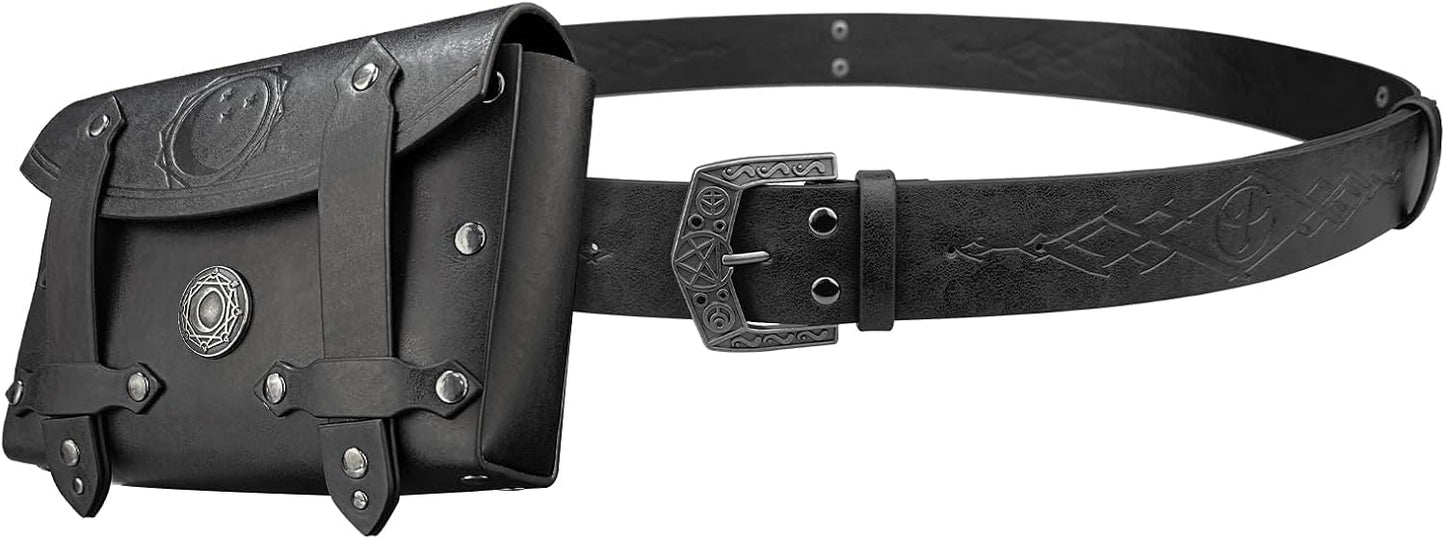 HiiFeuer 3PCs Medieval Alchemy Faux Leather Belt Bag Set with 5 Cork Potion Vials, Fantasy Embossed Wizard Halloween Belt(Black A)