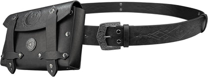 HiiFeuer 3PCs Medieval Alchemy Faux Leather Belt Bag Set with 5 Cork Potion Vials, Fantasy Embossed Wizard Halloween Belt(Black A)