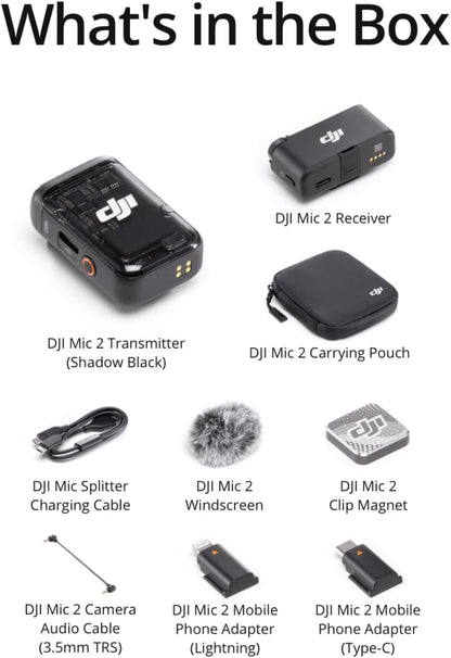 DJI Mic 2 (2 TX + 1 RX + Charging Case), Wireless Lavalier Microphone, Intelligent Noise Cancelling, 32-bit Float Internal Recording, 820 ft.(250m) Range, Microphone for iPhone, Android, Camera