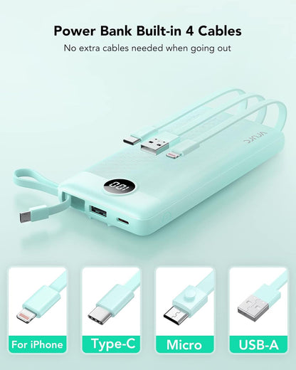 VRURC 10000mAh Power Bank Built-in Cables, Portable Charger with LED Display, Slim Intelligent Travel Battery Pack with Cords, 5 Output Dual Input Phone Charger for Cell Phone Smart Devcies-Blue