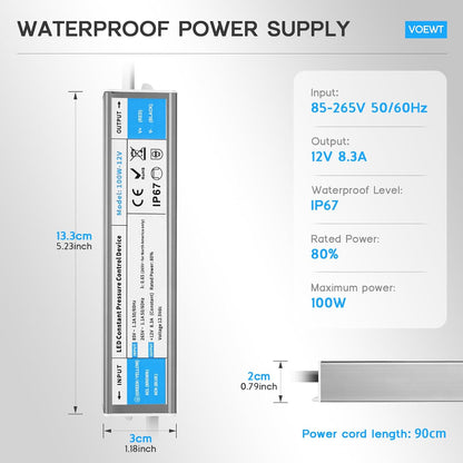 LED Driver 100 Watts Waterproof IP67 Power Supply 85V-265V AC to 12V DC Converter,Quiet and Small LED Transformer Low Voltage Output with 3-Prong Plug 3 Feet Cable for LED Light Strip, Outdoor