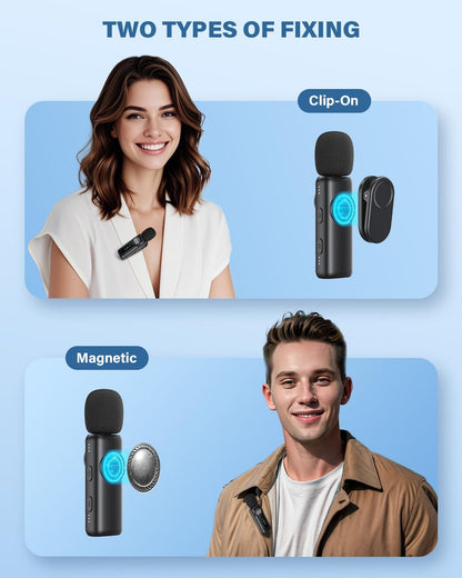 Wireless Lavalier Microphone Dual Set – Plug & Play Clip-on Mic with Auto Pairing, Magnetic Mount, Noise Cancelling, for iPhone, Android, USB-C Devices, YouTube, Podcast & Video Recording