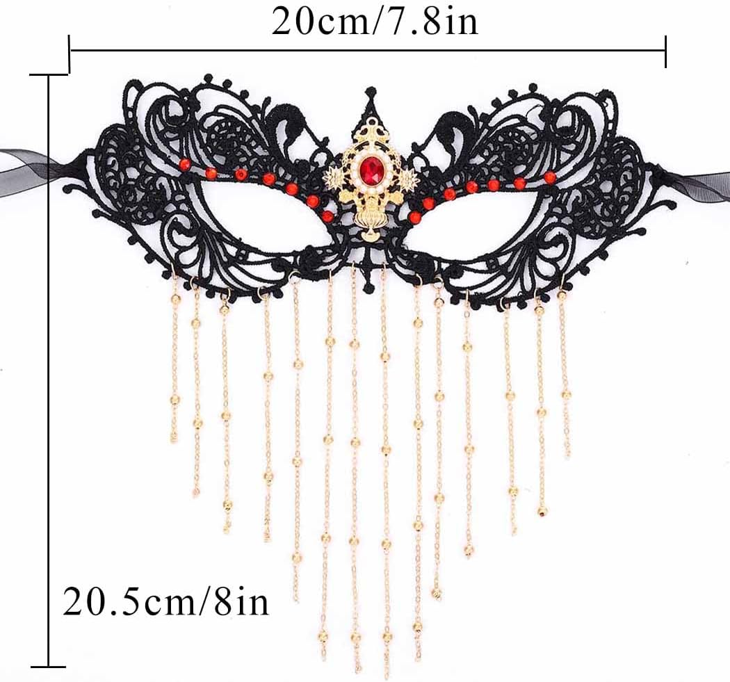 Obmyec Masquerade Lace Mask Costume Eye Mask Tassels Face Masks Rhinestone Black Mask for Women and Girls
