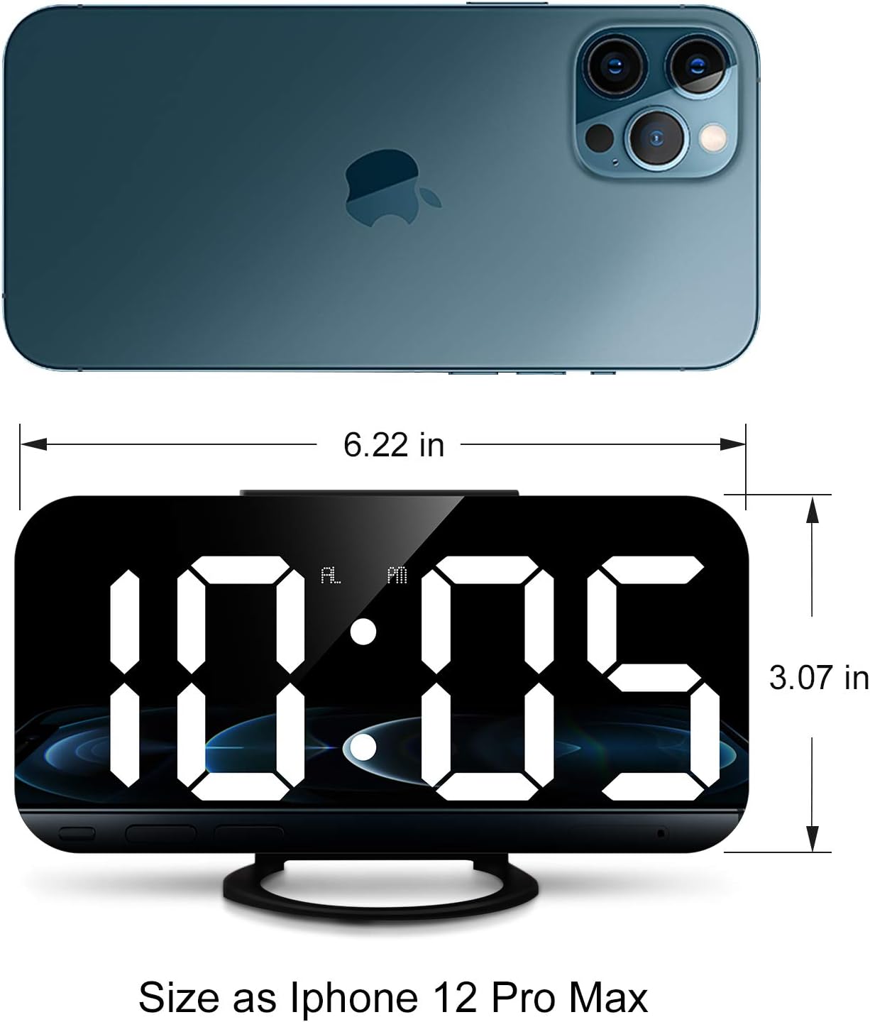 Digital Alarm Clock,Large LED Mirror Display, 2 USB Charging Ports，Auto Dim Mode，Modern Design Clock for Bedroom Office, White