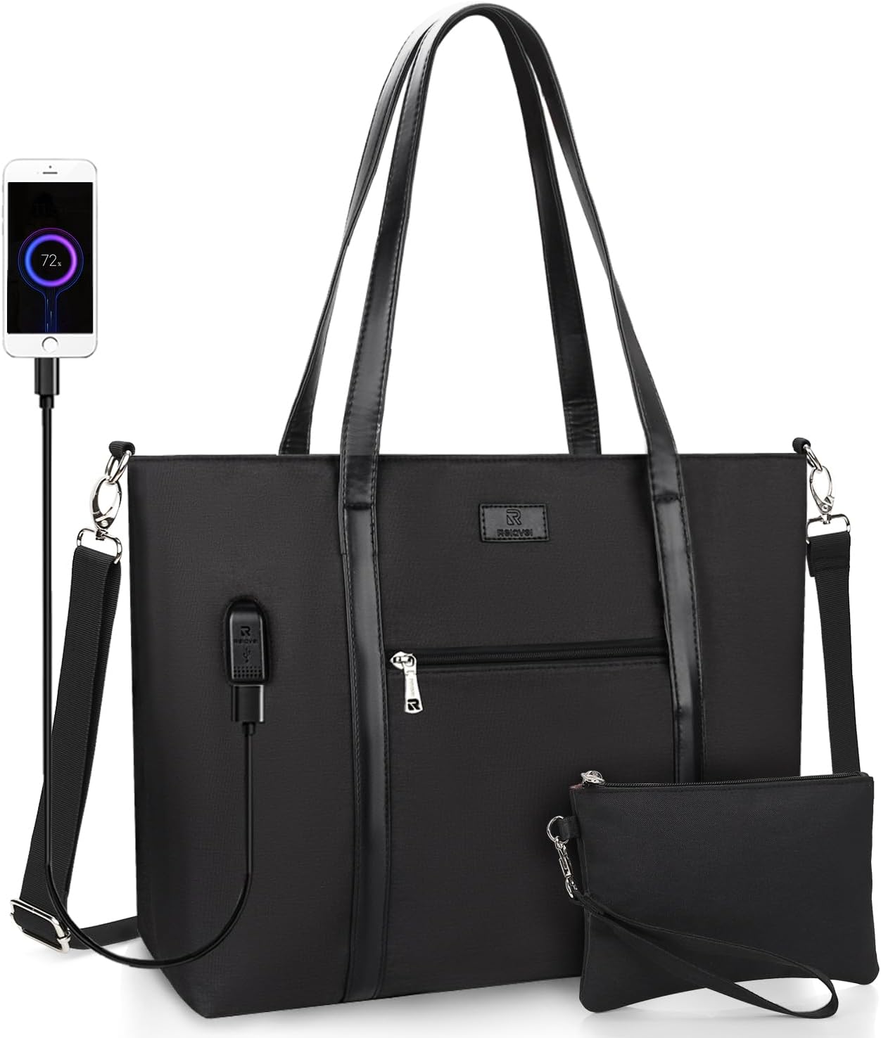 Laptop Bag for Women 17.3 Inch Laptop Tote Bag Large Work Tote Bag Waterproof Work Bag Teacher Bag with USB Charging Port Computer Tote Bag Nylon Handbag Satchel Shoulder Bag(17.3 inch, Black) - PuriLite