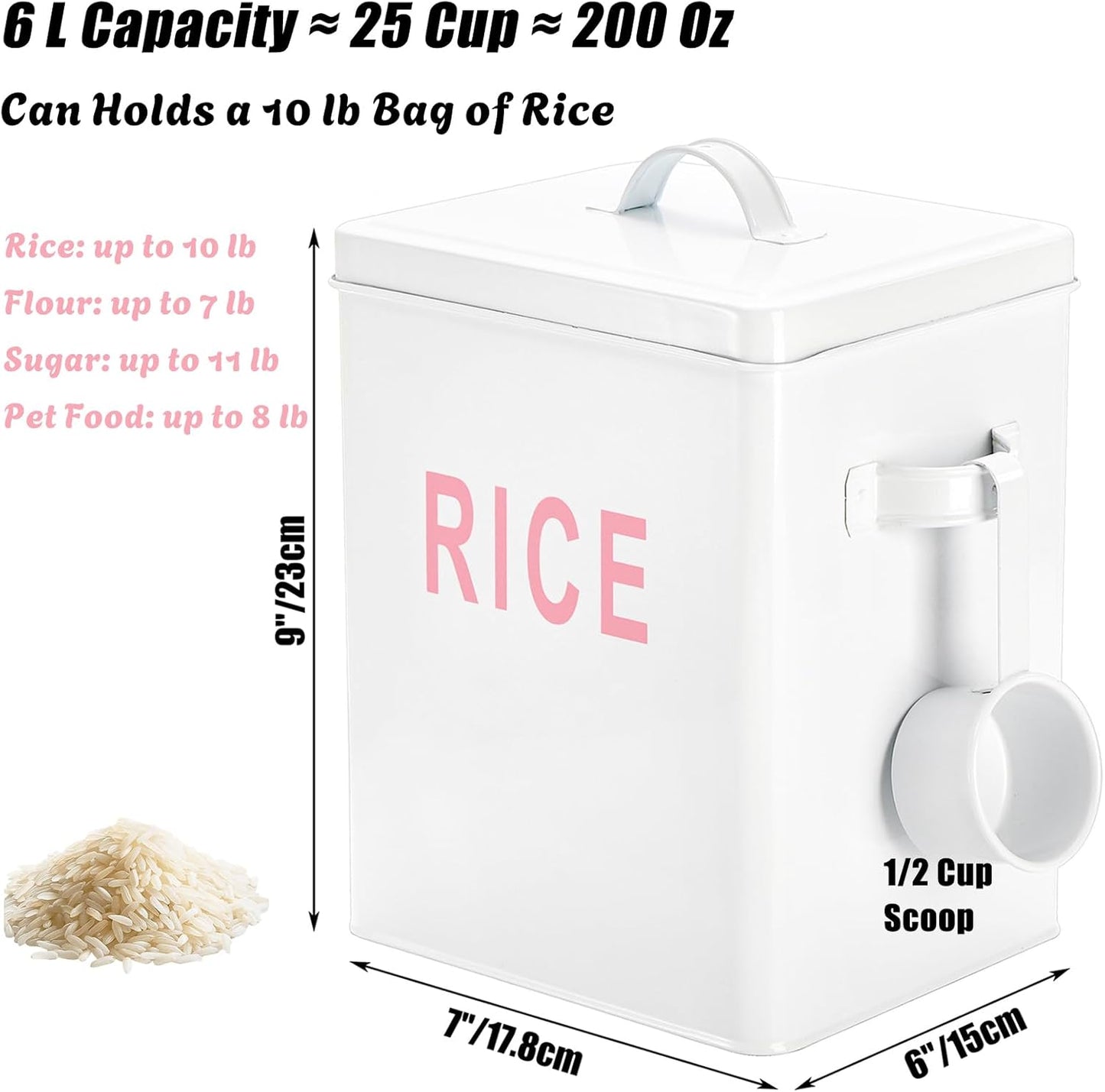 YOUEON 10 Lbs Metal Rice Storage Container, Square Rice Canister with Lid and Measuring Scoop, Countertop Sealed Food Storage Container for Cereal, Beans, Pet Food, White