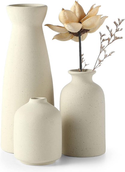 CEMABT White Ceramic vase Set-3 Small Flower vases for Decor,Modern Boho Farmhouse Home Decor,Decorative vase for Pampas Grass&Dried Flowers,idea Shelf,Table,Bookshelf ，Entryway- Distresse