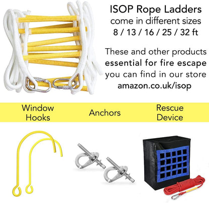 ISOP Fire Escape Rope Ladder 5 m with Spring Hooks - Emergency Evacuation Ladders - Flame Resistant Compact & Lightweight Safety Ropes 900 kg Weight Capacity - Hanging Ladders for Work