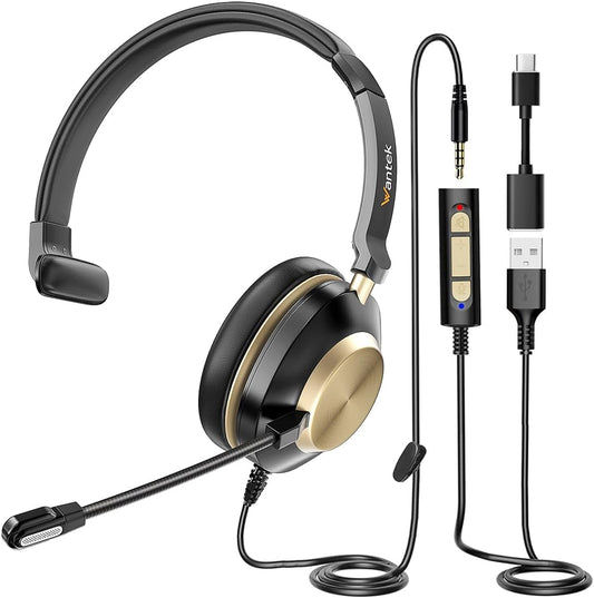 Wantek USB Headsets with Microphone for PC, Stereo Computer Headset with Mic Noise Reduction & in-line Control, 3.5mm/USB Wired Headphones, PC Headset with Mute for Zoom Skype Webinar Office