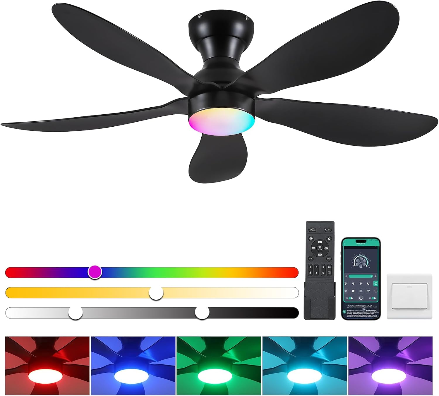 Modern Ceiling Fans with Lights Remote/APP Control, 29" Flush Mount Ceiling Fans with 3 CCT Dimmable Lights, Low Profile Ceiling Fans with 5 Propeller Blades LED Lights for Kids Room Bedroom, Brown - PuriLite