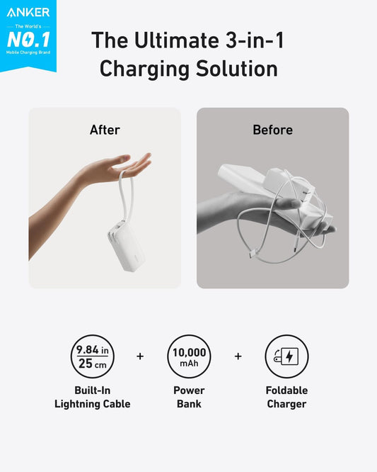 ANKER Nano 3-in-1 Power Bank, Foldable AC Plug, 10,000mAh, 30W Two-Way Fast Charging, Built-in Lightning Cable (Not for iPhone 16/15 Series), Compatible with iPhone 14 Series, AirPods, and More - PuriLite