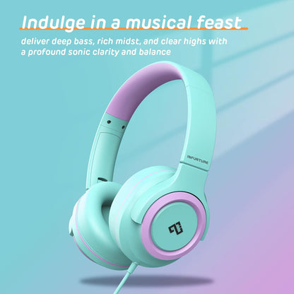INFURTURE Kids Headphones for School Travel, 94dB Safe Volume Limited, HD Mic Stereo Sound Over-Ear Girls Boys Headphones for Kid, Foldable 3.5mm and USB-C Wired Headphones for iPad Computer