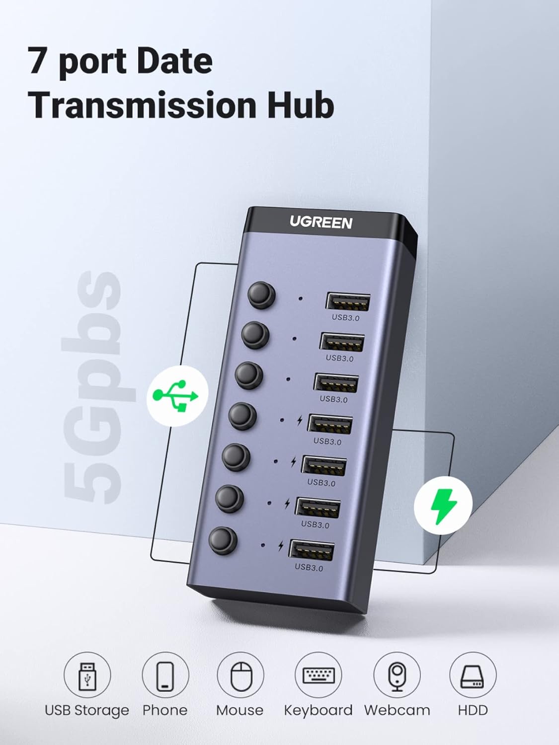 UGREEN Powered USB Hub 3.0,7 Ports USB Splitter with 4 Smart Charging Ports Aluminum Individual LED Power Switches Extension 12V 2A Charging Adapter for PC Laptop, MacBook Pro Air Mini