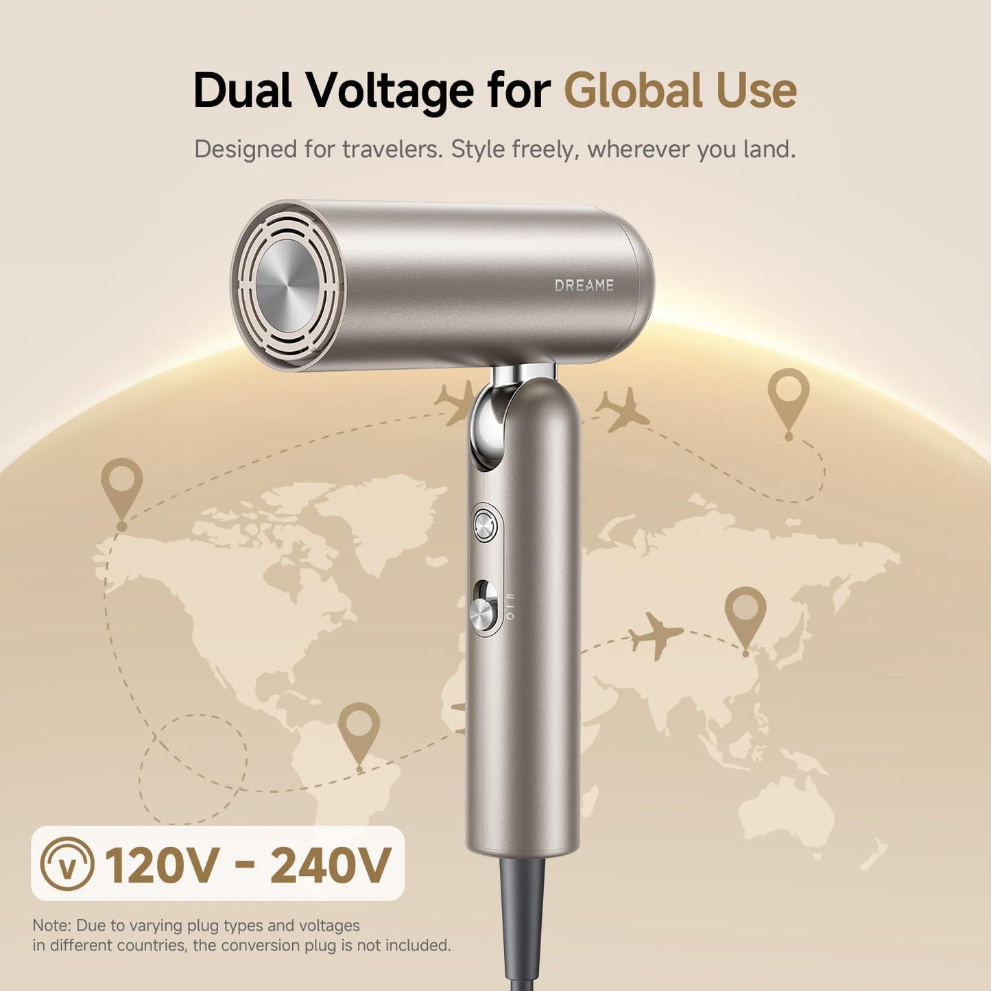 DREAME Pocket Pro Hair Dryer, Dual Voltage Travel Blow Dryer with Diffuser, 1300W Professional HighSpeed Ionic Hair Blower, Fast Drying, Low Noise, Lightweight, No Heat Damage, Global Travel 120V/240V