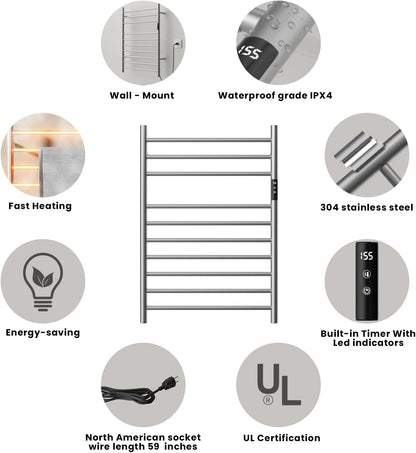 POPFLY Heated Towel Rack, Wall Mounted Electric Hot Towel Warmer, 4-Bar 304 Stainless Steel Small Heated Towel Warmer Rack for Bathroom with Timer and Temperature Control, Brushed