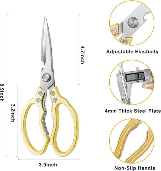 Gold Kitchen Scissors – Heavy Duty Stainless Steel Shears for Meat, Poultry, Herbs, Vegetables, and Baking, Dishwasher Safe, Multi-Functional Kitchen Tool