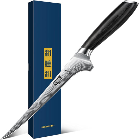 HOSHANHO Fillet Knife 7 Inch, Razor Sharp Boning Knife for Meat Poultry Chicken Cutting, Japanese High Carbon Powder Steel Fish Knife with Flexible Blade and Pakkawood Handle