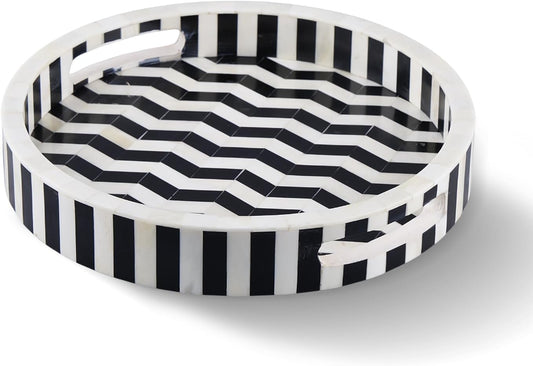 Handicrafts Home 12” Round Black & White Decorative Tray – Athens Dinami Resin Inlay Coffee Table & Ottoman Tray, Centerpiece Tray for Kitchen, Living Room, Bedroom & Home Décor - PuriLite