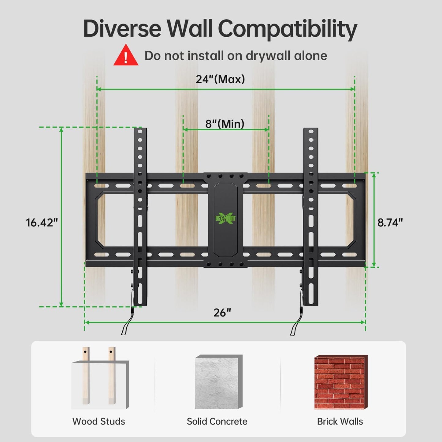 USX MOUNT UL Listed Fixed TV Wall Mount for 37-82 Inch TVs up to 132 Lbs, Low Profile TV Wall Bracket Fit Wood Studs 16", 18", 24", TV Mount with Max VESA 600x400mm, Quick Locked and Release, XFL090
