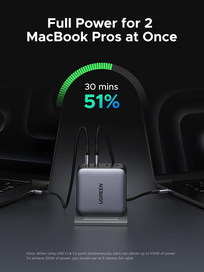 UGREEN 200W Dual USB-C Charger Block, 140W Max Output Laptop Charger, 4-Port Multi-Device Fast Charging, Advanced GaN Power Adapter Compact for MacBook, Dell XPS, iPad Pro, Galaxy S24, iPhone 16/15