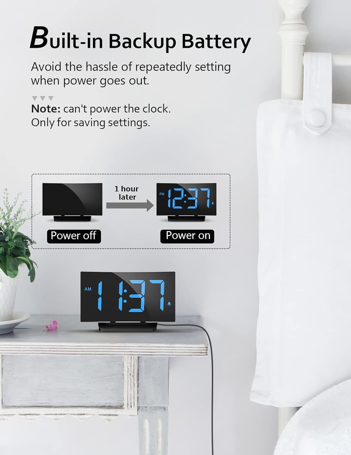 GOLOZA Digital Alarm Clock for Bedrooms, Modern Curved Design, Conspicuous Blue LED Numbers, 6 Levels Brightness, 3 Alarm Tones,2 Volume, Snooze, Power-Off Memory, 12/24H, Bedside Clock