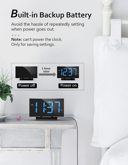GOLOZA Digital Alarm Clock for Bedrooms, Modern Curved Design, Conspicuous Blue LED Numbers, 6 Levels Brightness, 3 Alarm Tones,2 Volume, Snooze, Power-Off Memory, 12/24H, Bedside Clock