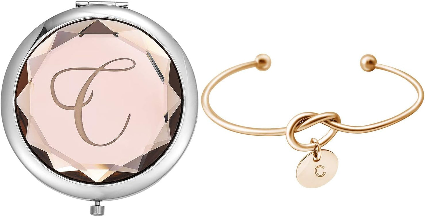 Compact Crystal Pocket Makeup Mirrors Set - Letter Mirror and Love Knot Bracelets for Bachelorette Party, Bridesmaid Proposal, Wedding Gifts (Champagne-B)