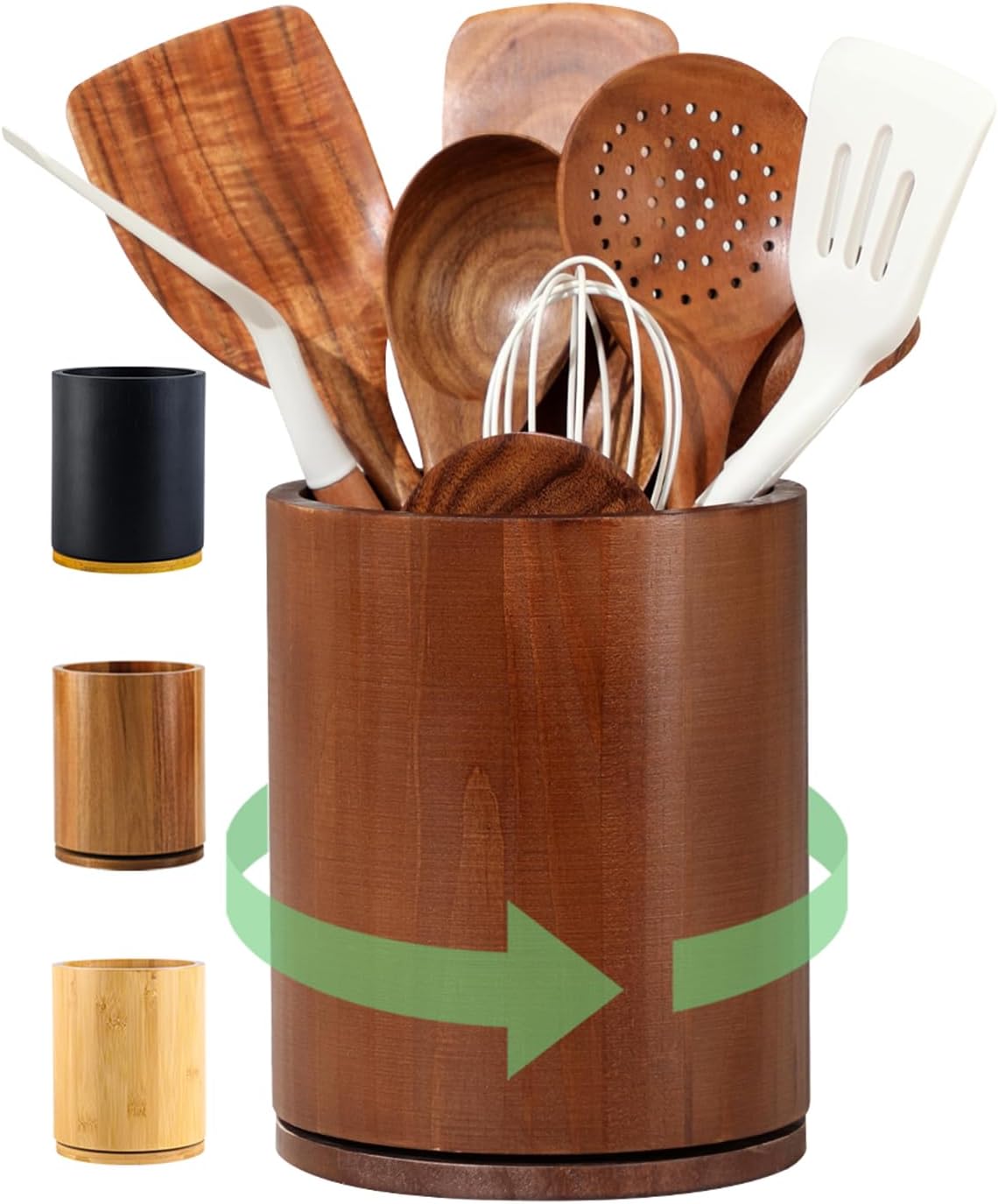 Wooden Utensil Holder | Rotating Utensil Organizer | Kitchen Counter Storage Crock | Farmhouse Countertop Decor | Cooking Utensil Stand - PuriLite