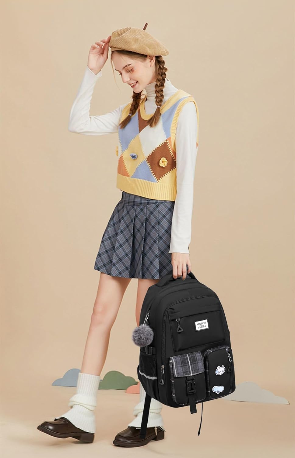 VANKANY School Backpack for Teen Girls, College Women Student Laptop Backpack Aesthetic Bookbags for Elementary Middle High School Travel Sac a Dos Femme, Black